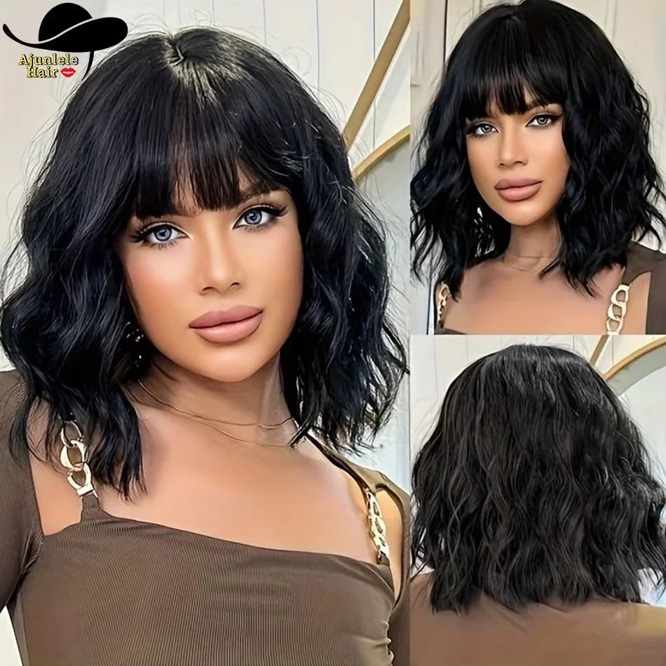 Indian Human Hair Body Wave Bob Virgin Hair Wig With Bang Short Short Natual Black Machine Made None Lace Hair Wig For Women