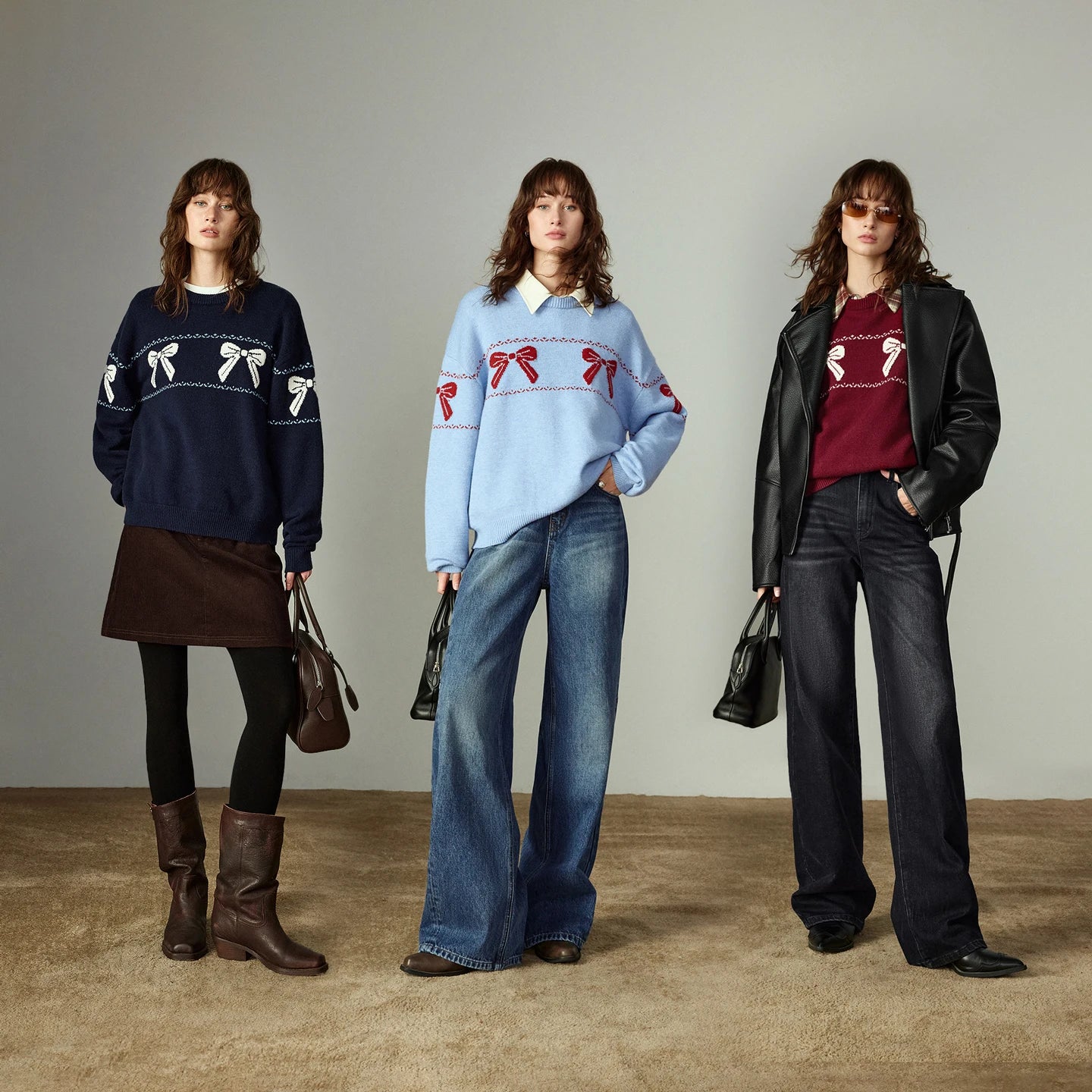 TOYOUTH Women Sweaters 2025 Winter New Bow Jacquard Retro Age-reducing Crew-neck Slightly Loose Warm Tops