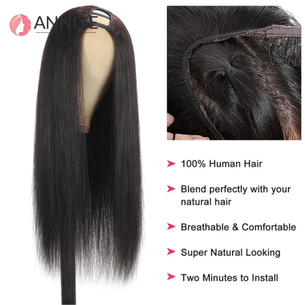 U Part Machine Made U Part Wig Human Hair Straight Wig Glueless U Part Wig Human Hair Wigs Blend with Your Own Hairline ANNIYE