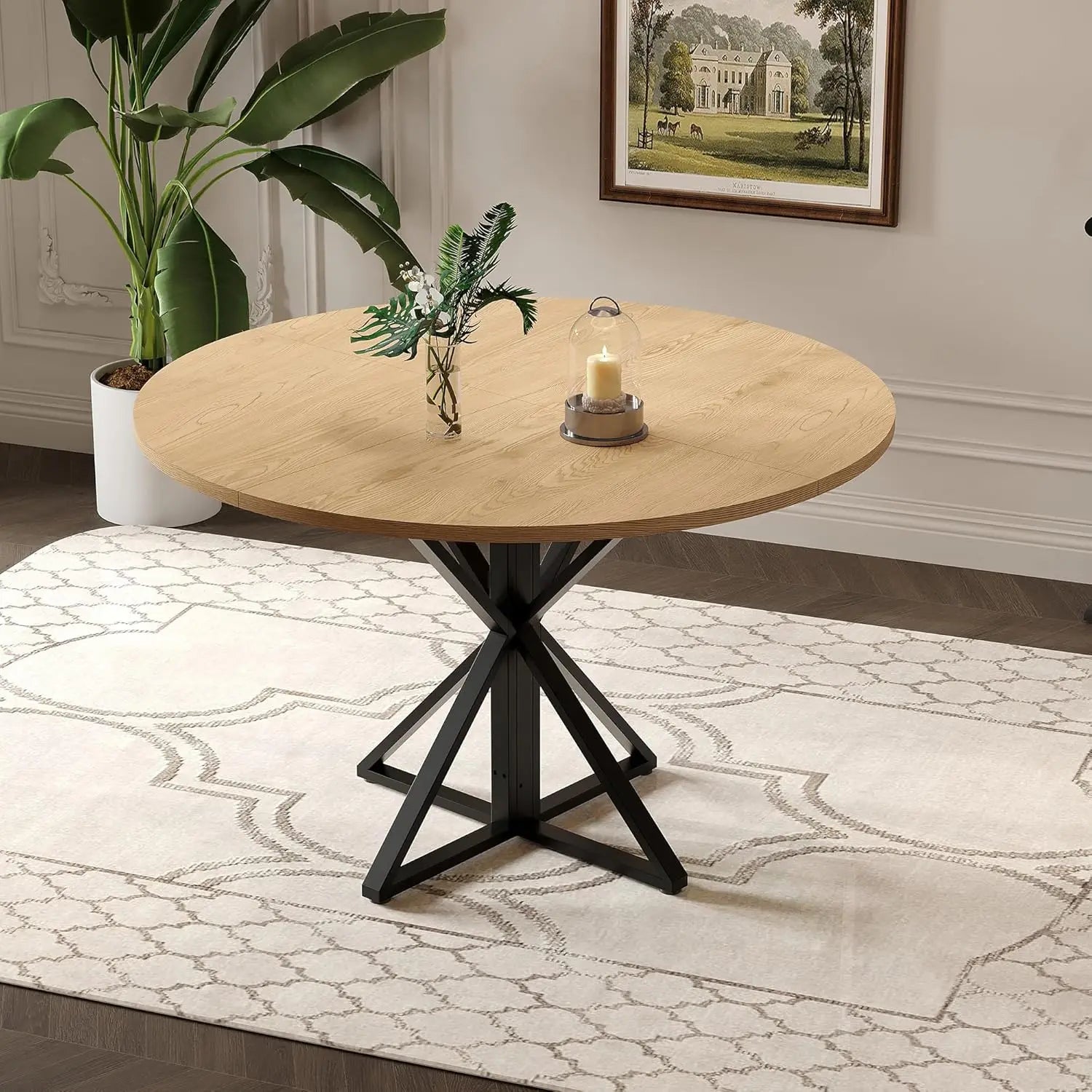 Garvee 4 People Version 47" Circle Counter Table: Oak Farmhouse Kitchen Living Room Dinner Ledge, Large Space-Saving Outside Framework Central Pedestal Desk for Dining Room Lounge Corridor Furniture Moving Tool Kit