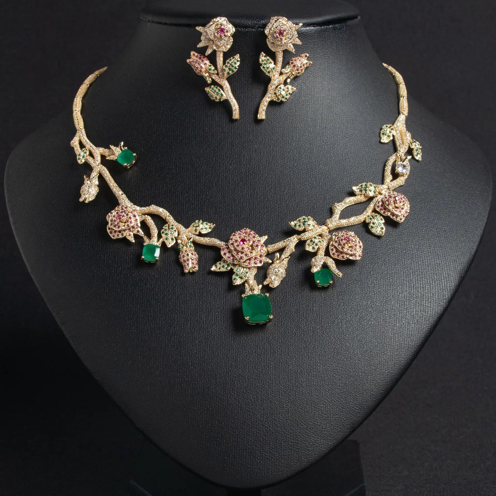 Creative Ladies Jewellery Luxury Rose Necklace Earrings Ring Set Prom Wedding Graduation Holiday Zirconia Accessories M-360