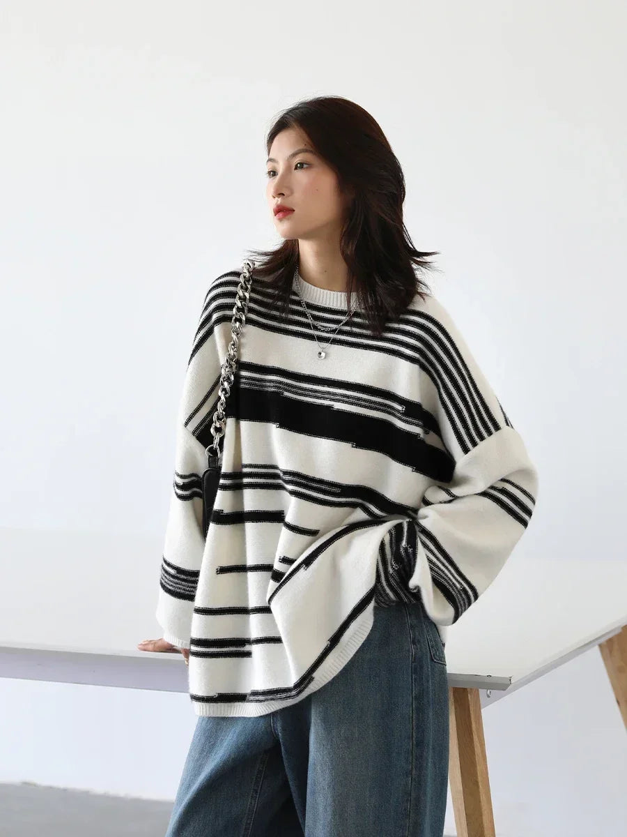 CHIC VEN Women Sweaters Streetwear Casual Loose Pullover Stripe Girl Jumpers Thick Warm Female Tops Autumn Winter 2025 Plus