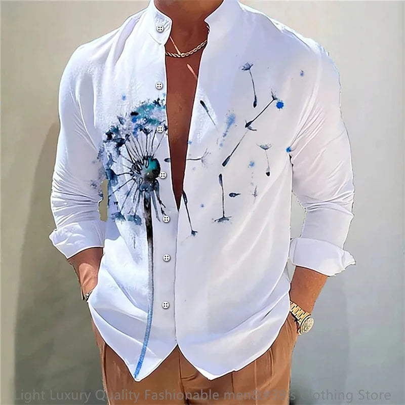 New men's shirt long-sleeved shirt 3D printing flower pattern long-sleeved standing clothing fashion casual XS-6XL soft fabric