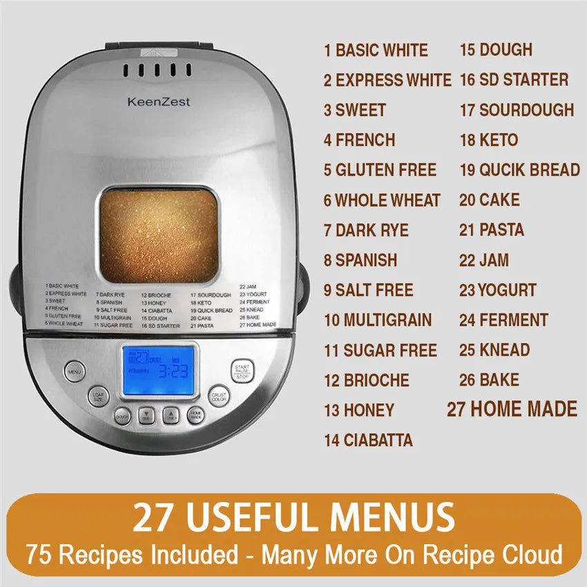 KeenZest 27-in-1 Smart Bread Maker with Gluten Free Setting 2LB Whole Wheat Bread Machine with Homemade Cycle Recipes Included