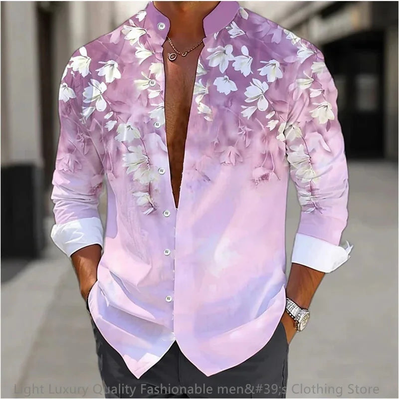 New men's shirt long-sleeved shirt 3D printing flower pattern long-sleeved standing clothing fashion casual XS-6XL soft fabric