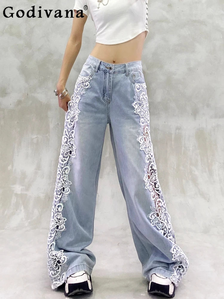 Fashion Light Blue Lace Hollow Splicing Leisure Jeans Women's Summer New High Waist Loose and Versatile Straight Wide-leg Pants