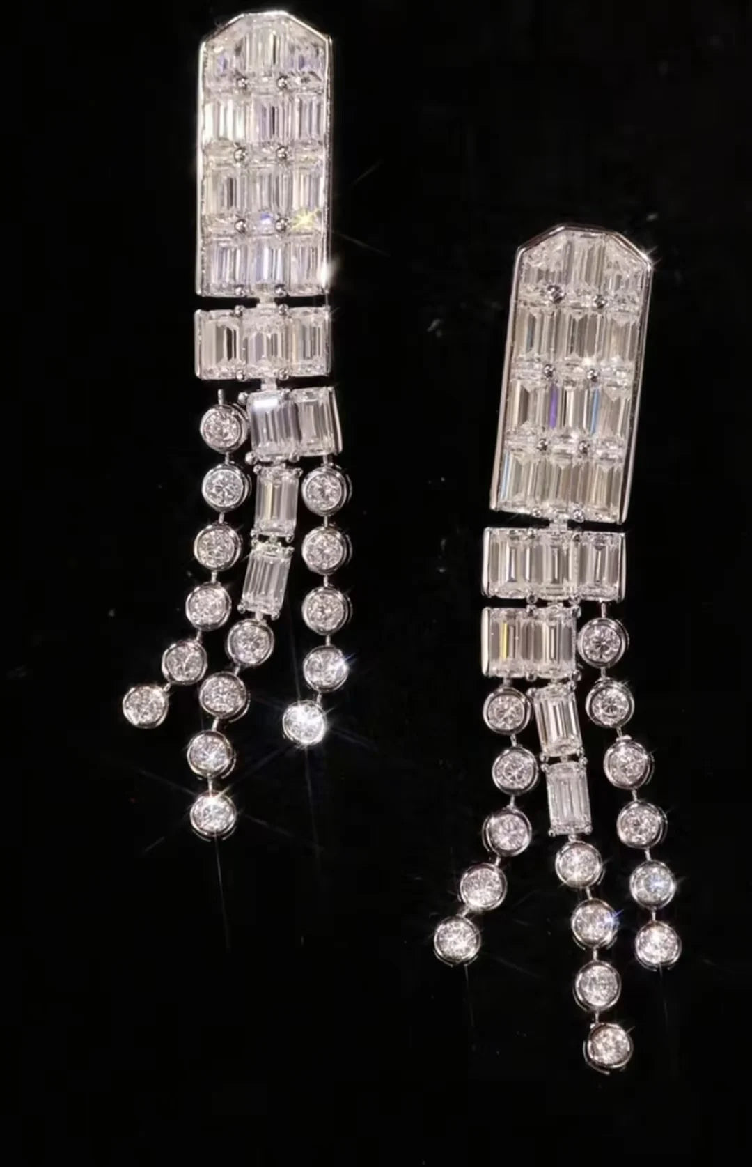Bellux 925 Silver Synthetic Zircon White Emerald Cut Gemstone Small Round Diamond Tassel Long Earrings for Women