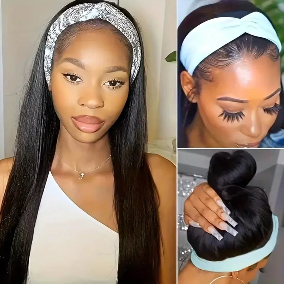 16 18 20Inch Headband Wig Human Hair Straight Headband Wigs for Black Women Glueless None Lace Front Human Hair Headband Wig Brazilian Virgin Hair Machine Made Wigs Natural Black 180% Density