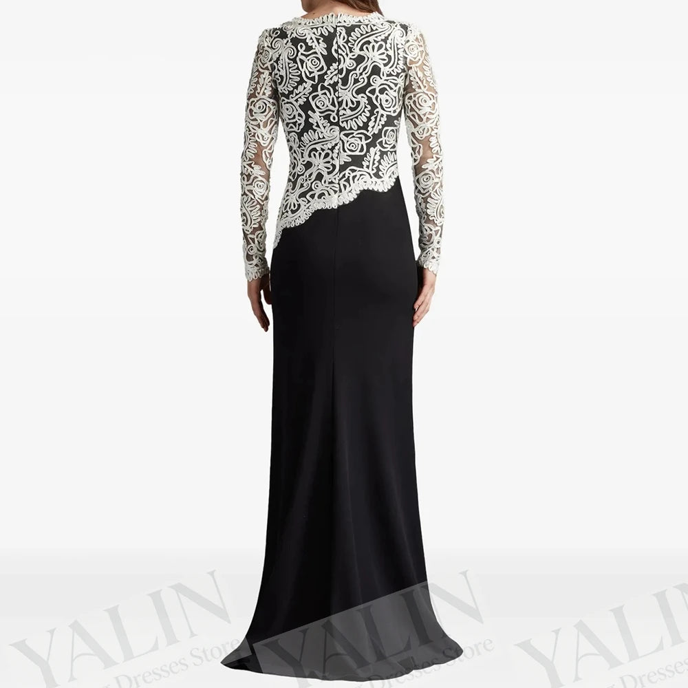 Women's A-line Evening Dresses Floor-length Scoop-neck Full Sleeve Prom Gown Fashion Lace Simple Draped Casual Customized Gowns