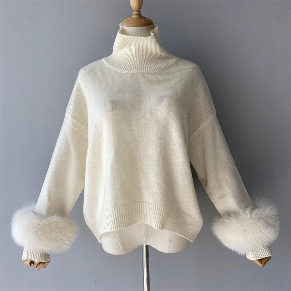 Jxwatcher Fashion Women Sweaters 2023 New Style Wool Knitted Pullover Real Fox Fur Cuffs Ladies Autumn Winter Warm Blouse Female