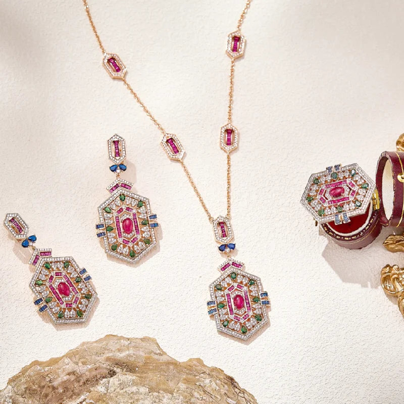 Vintage Style Earrings Necklace Women Lady Inlay Cubic Zircon Synthetic Ruby Rhombus Tassels Pendant Party Jewelry Sets