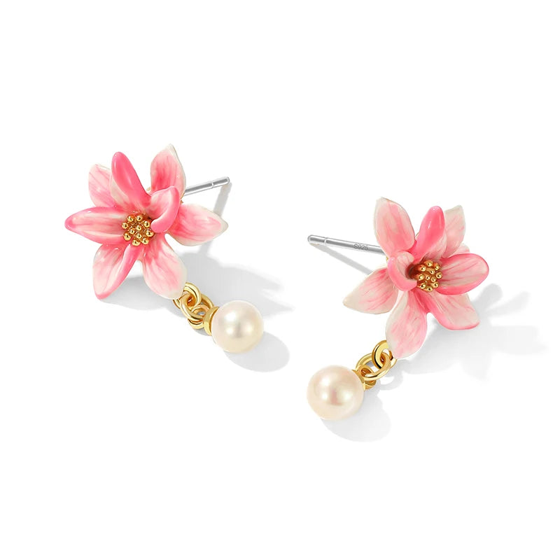 JUICY GRAPE Pink Magnolia Flower Charm Earrings for Women  S925 Silver Needle  Original Design  Light Luxury Summer Jewelry