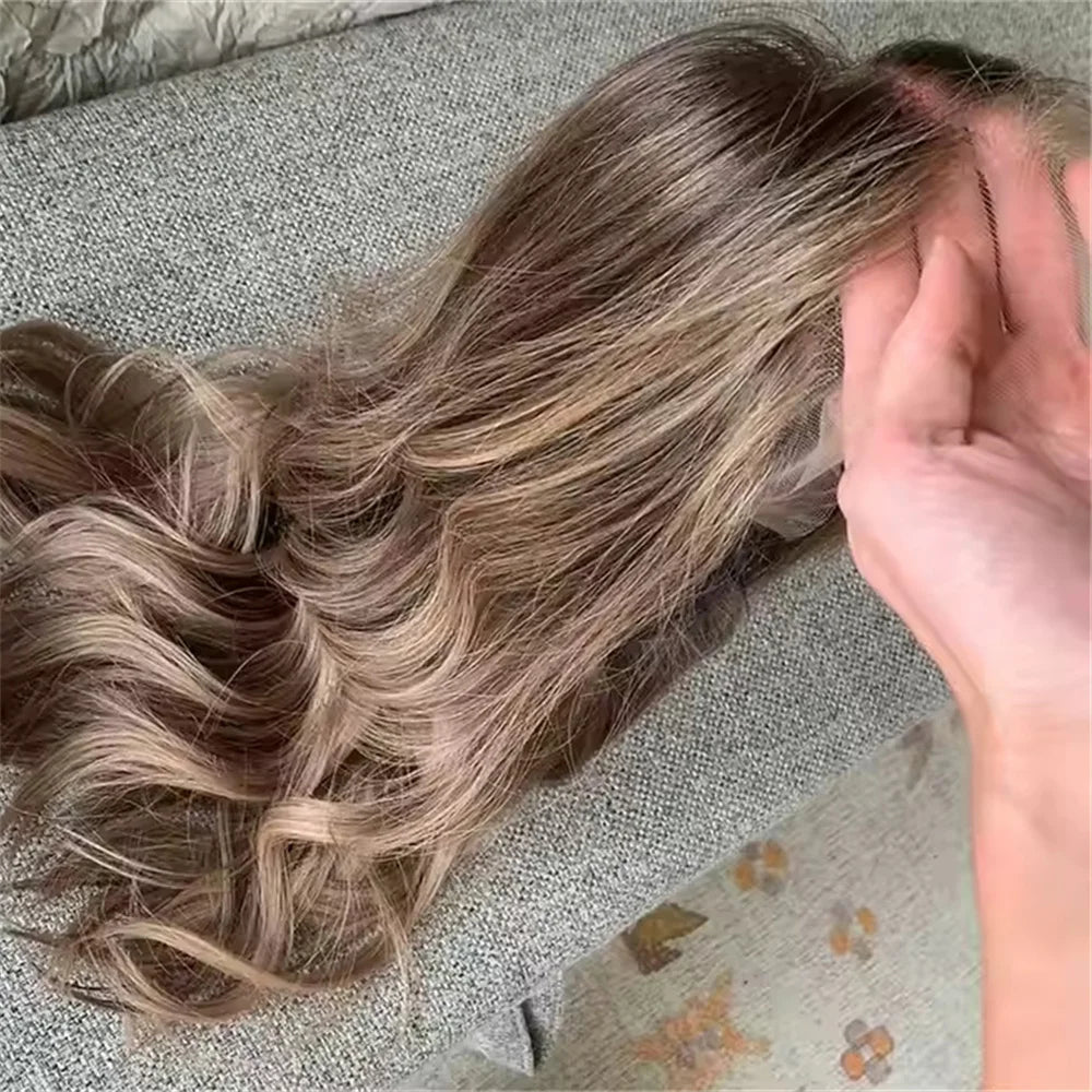 Premium 10% Human Hair Blend Luxury HD Lace Wig Dark Blonde Balayage Synthetic Invisible Lace Front Wig for Women with Hair Loss