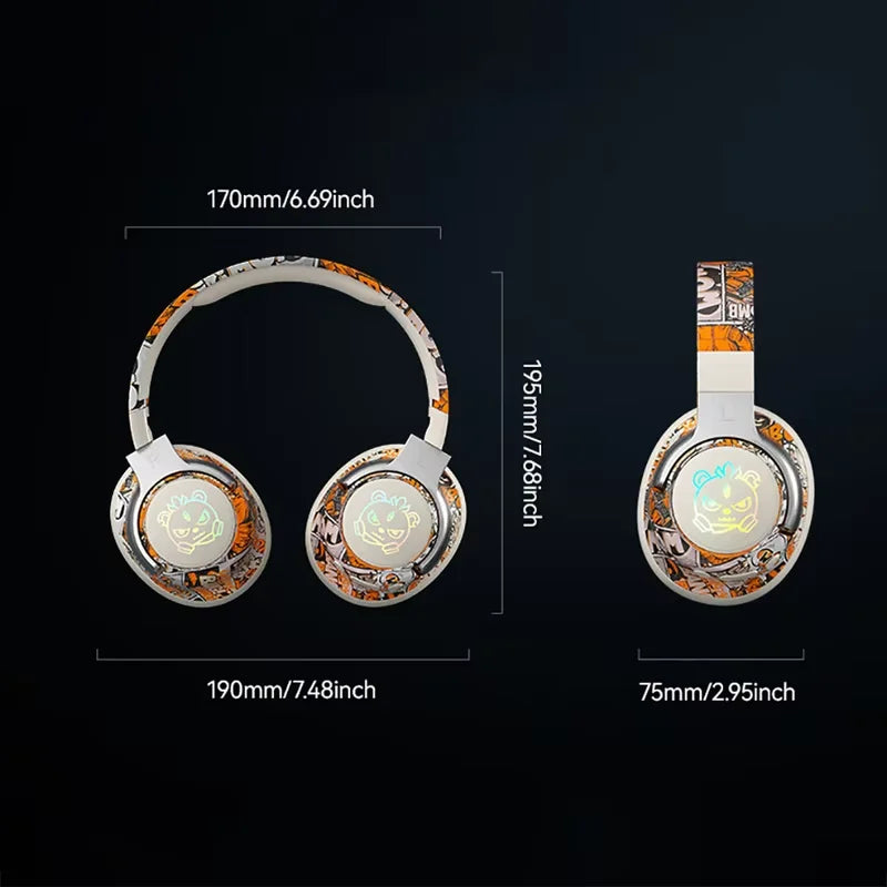 Bluetooth 5.3 Gaming Wireless Headset, Low Latency, Noise Cancelling Mic, RGB Light, Over-ear Headphones for PC
