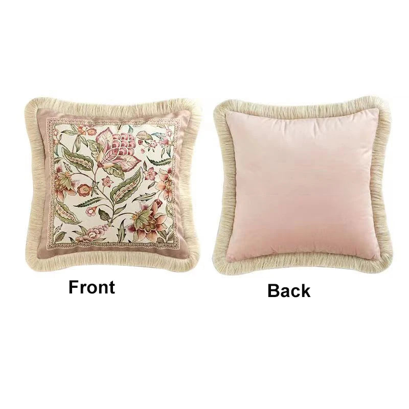 Pink Printed Fringed Pillow Cases Retro Light Luxury Pillow Cover Decorative Soft Dutch Velvet Round Cushion Cover Home Dector