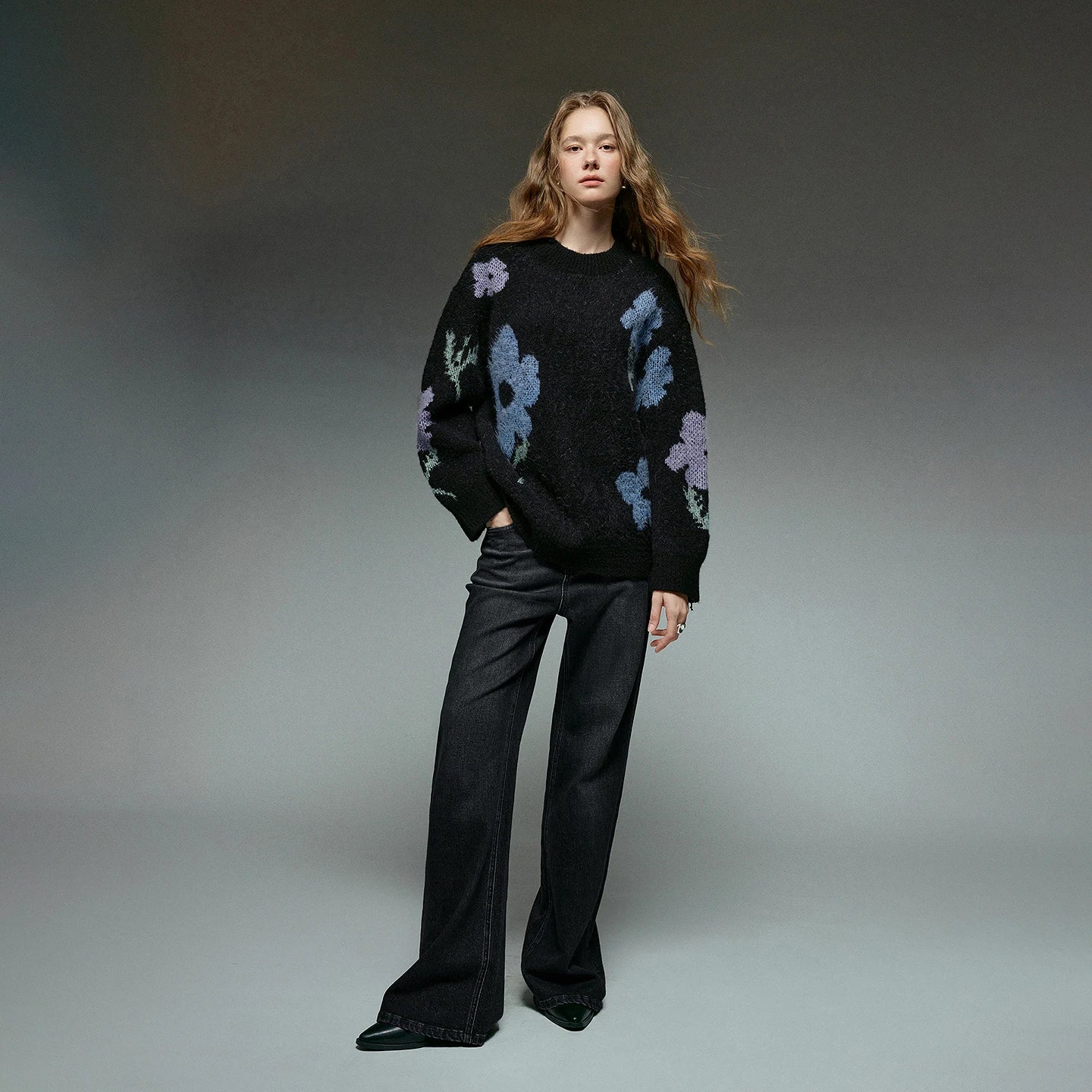 TOYOUTH Women Sweaters 2025 Winter NewAsymmetric Glutinous Rice Velvet Warm Flower Intarsia Top
