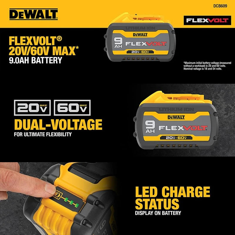 Dewalt 20V/60V 9Ah FlexVolt Lithium Ion Battery Dual Volt 180Wh Replacement Tool Battery Charger Combo Available DCB609 DCB606