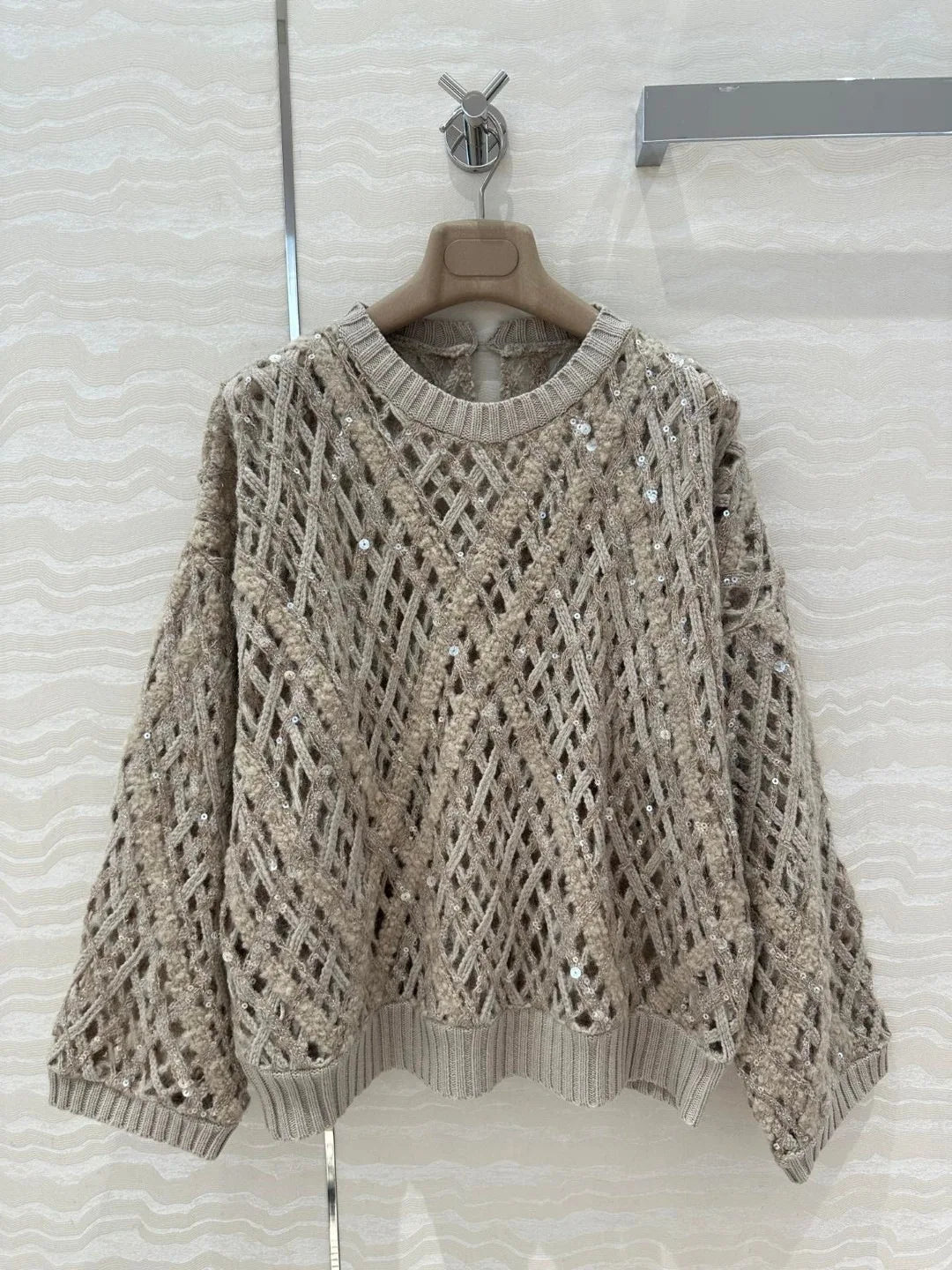 Naizaiga 100 Cashmere O-Neck Hollow out Sequins Reglan Sleeve White Brown Women Sweaters Pullovers NHPL2