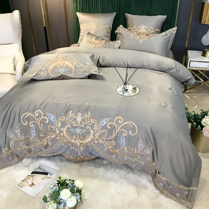 European Style Egyptian 100% Cotton Bedding Set Golden Embroidery Home Textiles Duvet Sheet Pillowcases Set Full King Queen Size