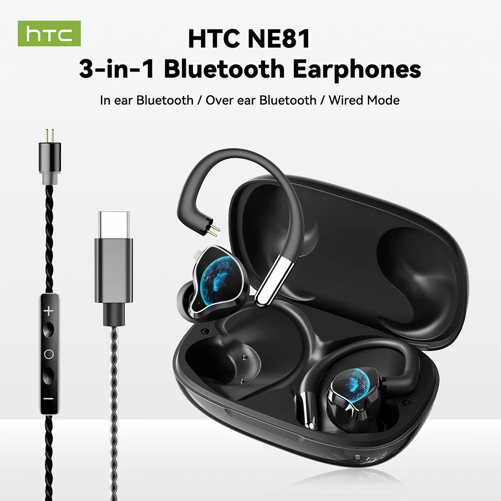 Wireless Bluetooth Earbuds HTC NE81 3-in-1 Multi-Mode In-Ear Wired Earphones HiFi Sound HD Call Long Battery Life