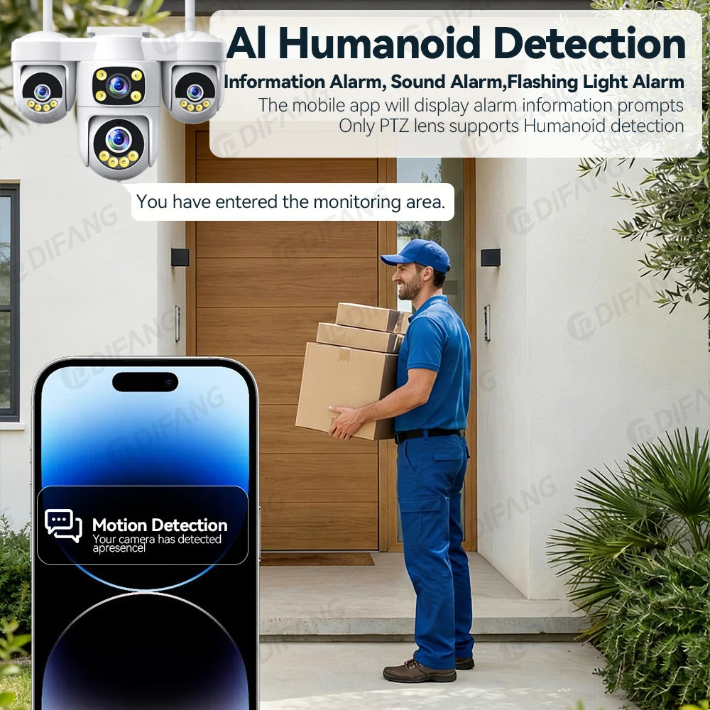 New 20MP WiFi Security Camera 4 Lens 4 Screen 6 Motors 3 PTZ 5X Digital Zoom 360° Auto Tracking IP66 Waterproof Outdoor CCTV 10K