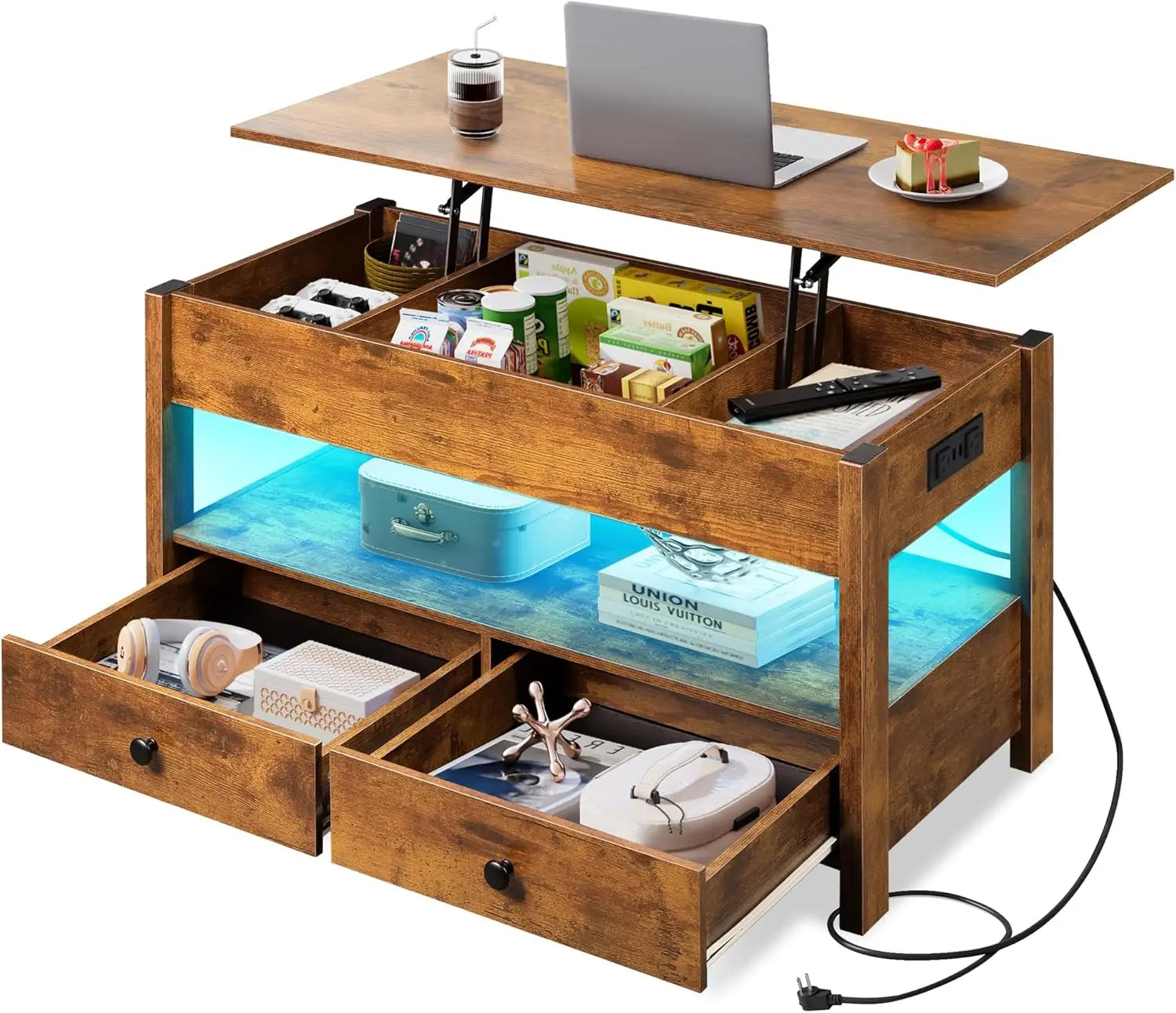 WLIVE Black Lift Top Coffee Table with 2 Drawers LED Light - Large Storage Open Shelf for Living Room Modern Home Furniture