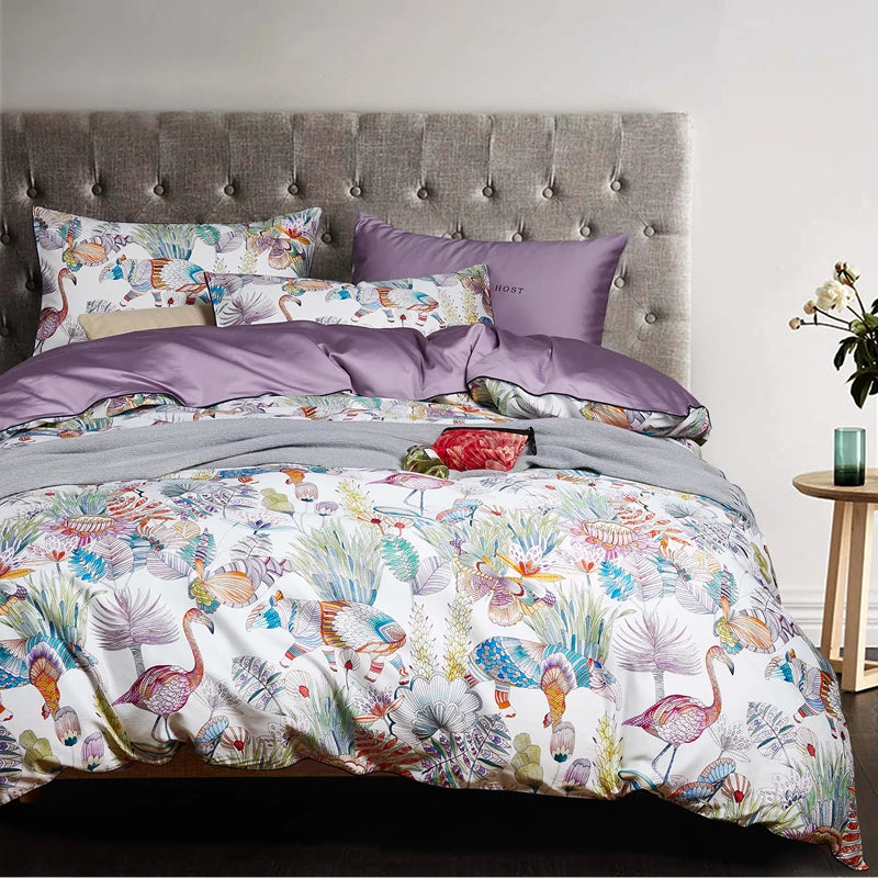 Flower Bird Digital Printing Bedding Sets 600TC Egyptian Cotton 4pcs Bed Linen Duvet Cover Set Luxury Bed Sheets Pillowcases #s