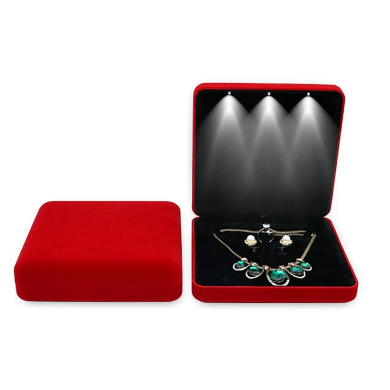 Large Velvet LED Jewelry Set Box Necklace Earrings Ring Jewellery Gift Display Storage Case with Custom Logo