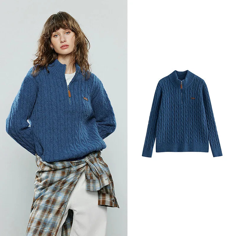 TOYOUTH Women Sweaters 2025 Winter NewAsymmetric Old Money Style Lazy Vibe Stand-Up Collar Zipper Cable Knit Marled Retro Top
