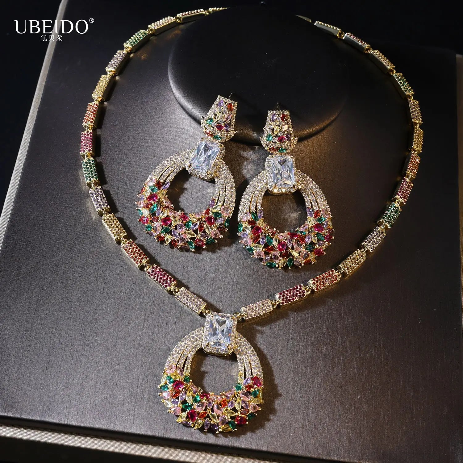 Saudi Arabia Wealthy Style Middle Eastern Bridal Jewelry Set Necklace Earrings with Diamond Zircon Dress