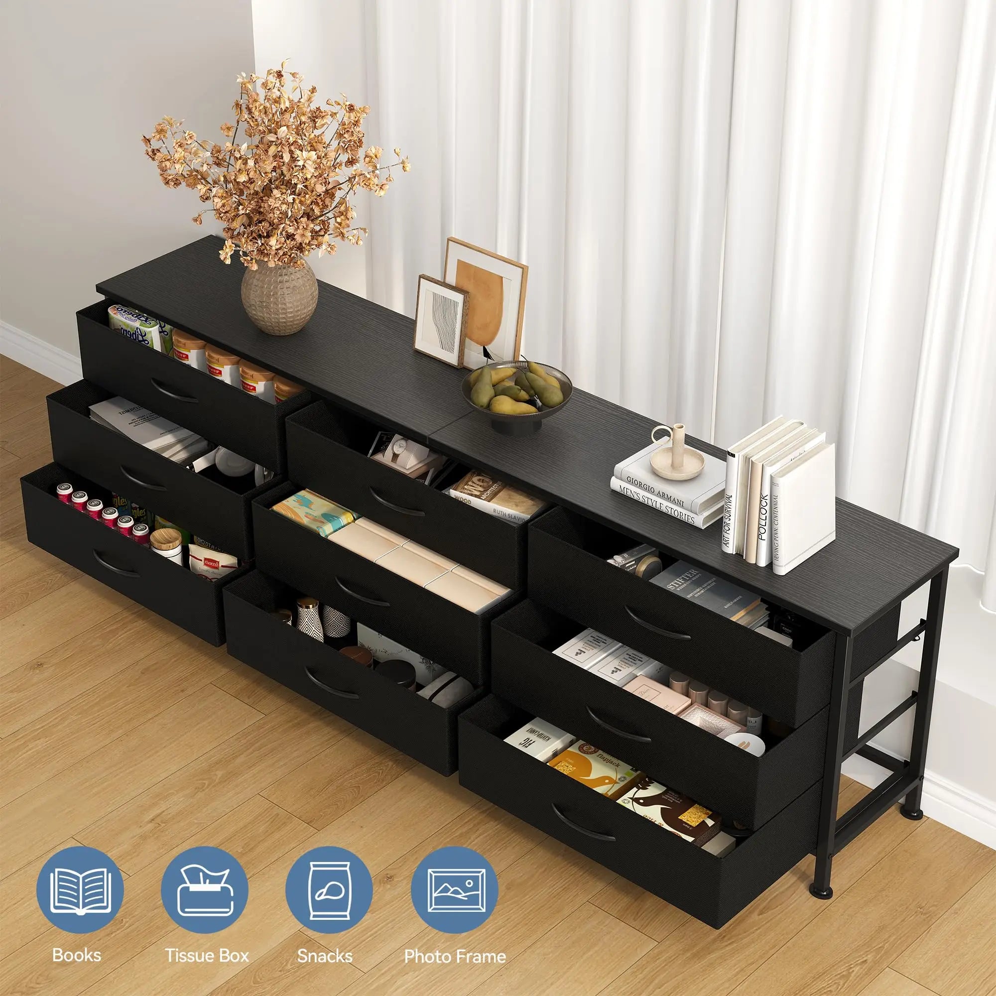 JHK Cabinet For Living Room With 9 Fabric Drawers Long Entertainment Center Up to 75 Inch TV Storage Display Of Furniture