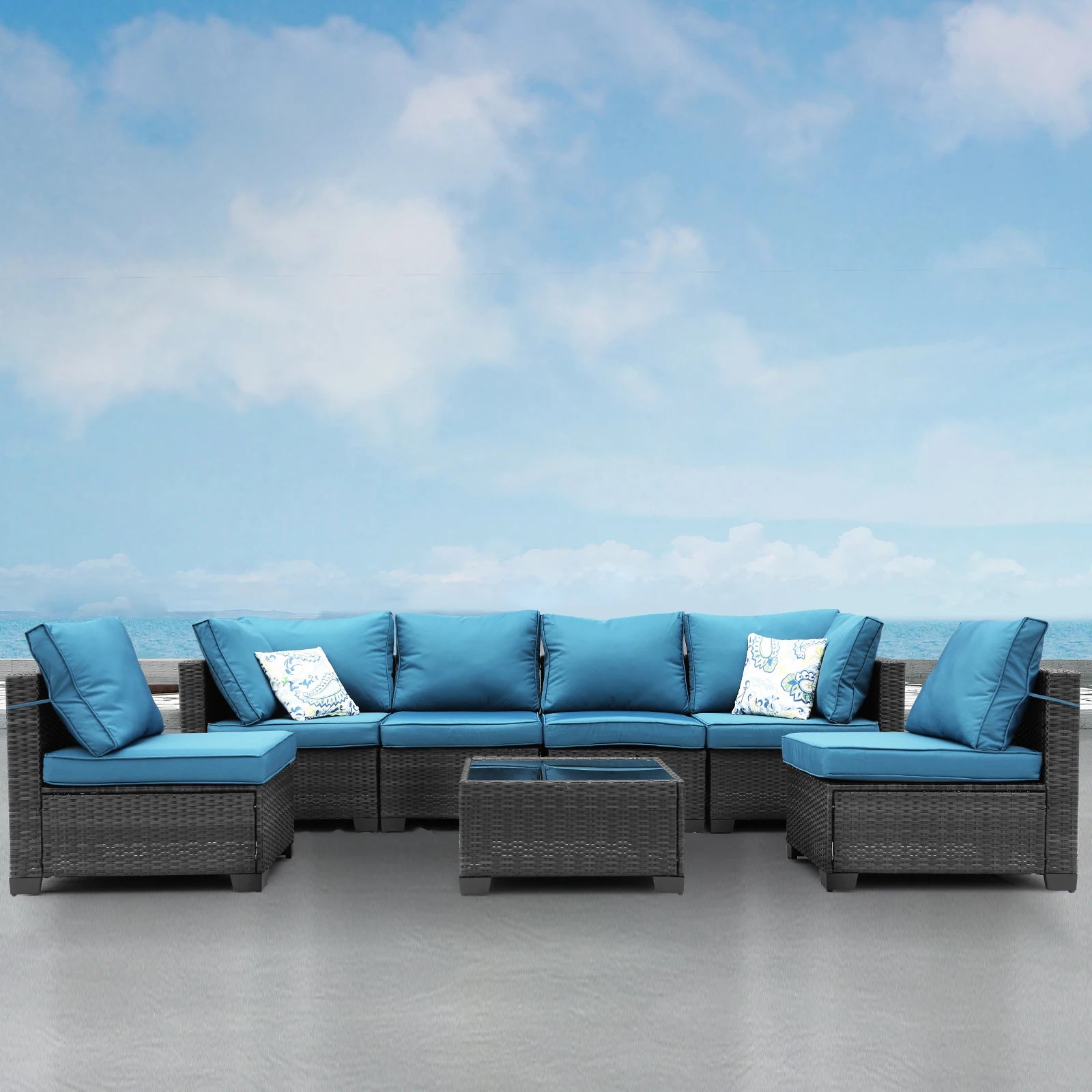 Patio Furniture Set 7 Piece - All-Weather Wicker Rattan Outdoor Conversation Set in Black/Peacock Blue for Backyard Garden Pool