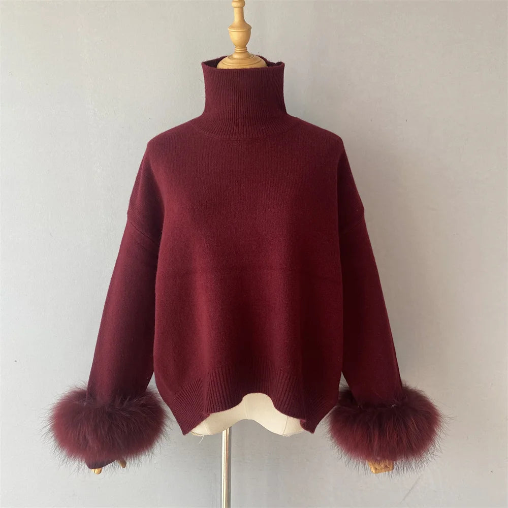 Jxwatcher Fashion Women Sweaters 2023 New Style Wool Knitted Pullover Real Fox Fur Cuffs Ladies Autumn Winter Warm Blouse Female