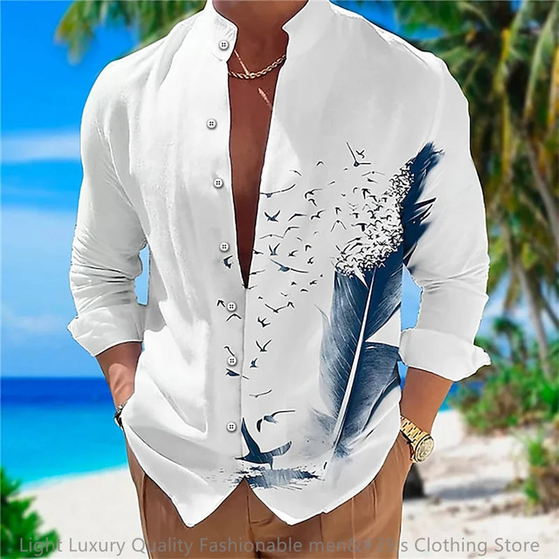 New men's shirt long-sleeved shirt 3D printing flower pattern long-sleeved standing clothing fashion casual XS-6XL soft fabric