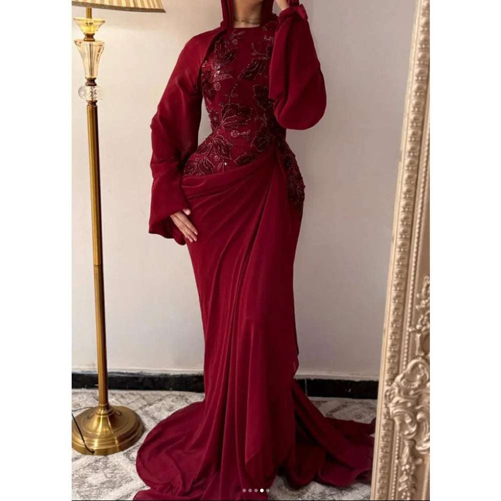 Customized Mermaid Evening Dresses Floor-length O-neck Full Sleeve Prom Gown Fashion Flowers Sequins Simple Draped Party Gown