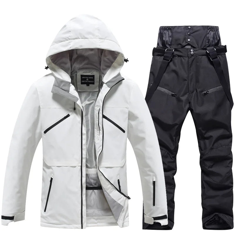 NEW Fashion Men Women Winter Ski Suit Windproof Waterproof Snowboard Jacket and Pants Snow Clothes Female Skiwear Pure White