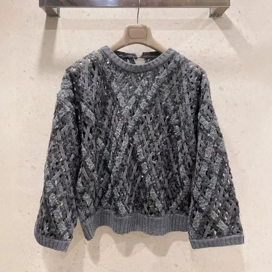 Naizaiga 100 Cashmere O-Neck Hollow out Sequins Reglan Sleeve White Brown Women Sweaters Pullovers NHPL2