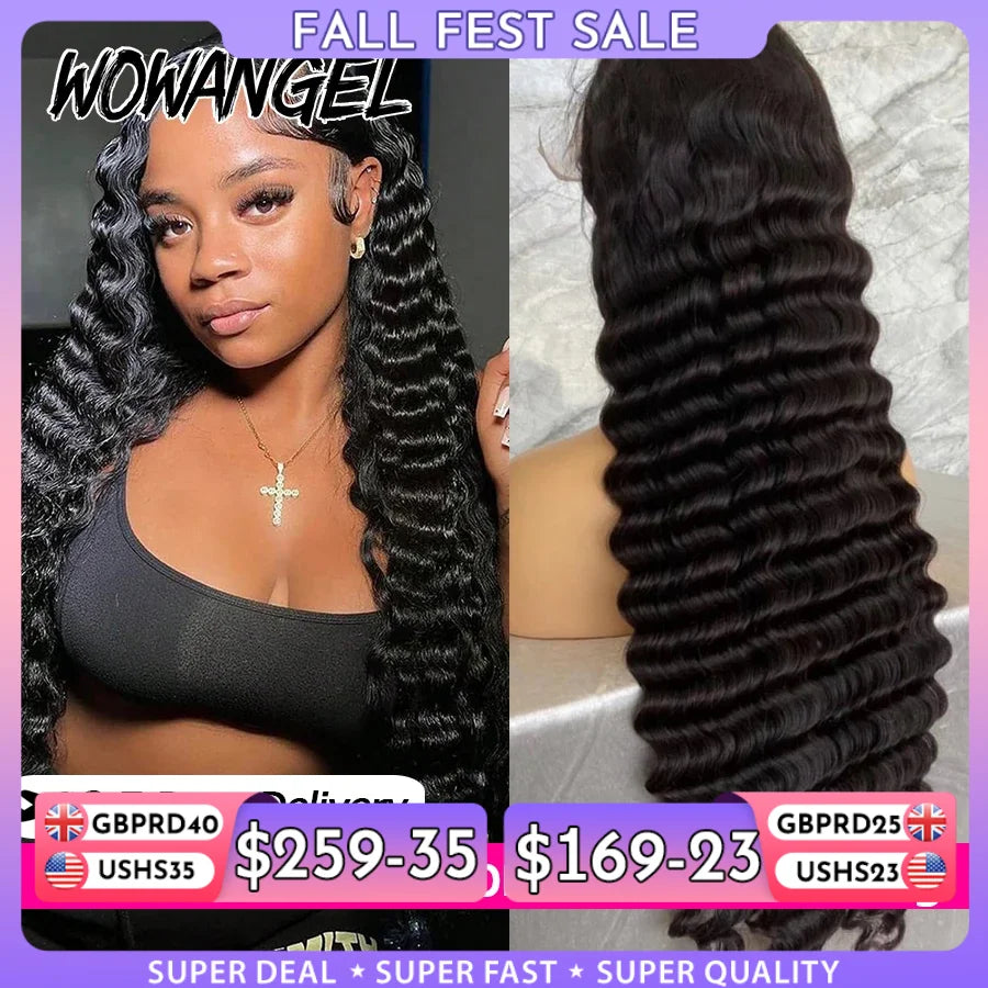 WOWANGEL Deep Wave Human Hair Wigs Pre Plucked 13x6 HD Lace Full Frontal Wigs Pre Bleached For Women 100% Human Hair Curly Wigs
