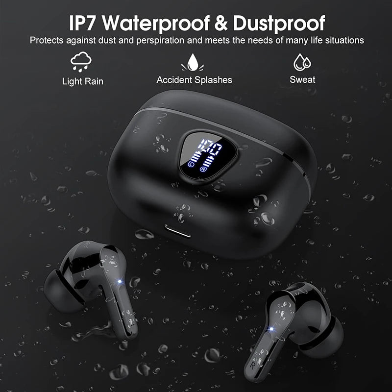 Wireless Ear Buds BT5.4 with LED Display IP7 Earphones HiFi Stereo Earbuds ENC Noise Cancelling Headphones with 48H Play Time