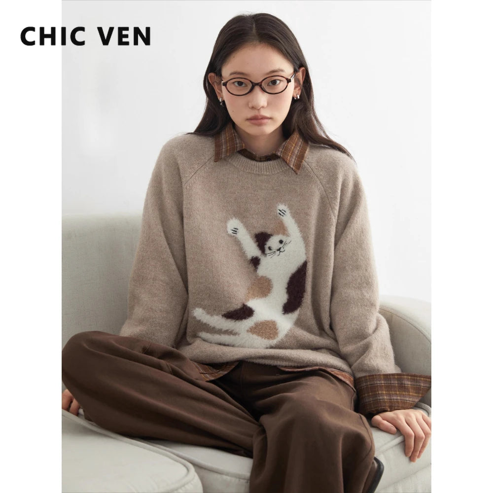 CHIC VEN Women Sweaters Loose Casual O Neck Knitted Cartoon Cat Warm Knitting Jumper Female Jumpers Pullovers Autumn Winter 2025