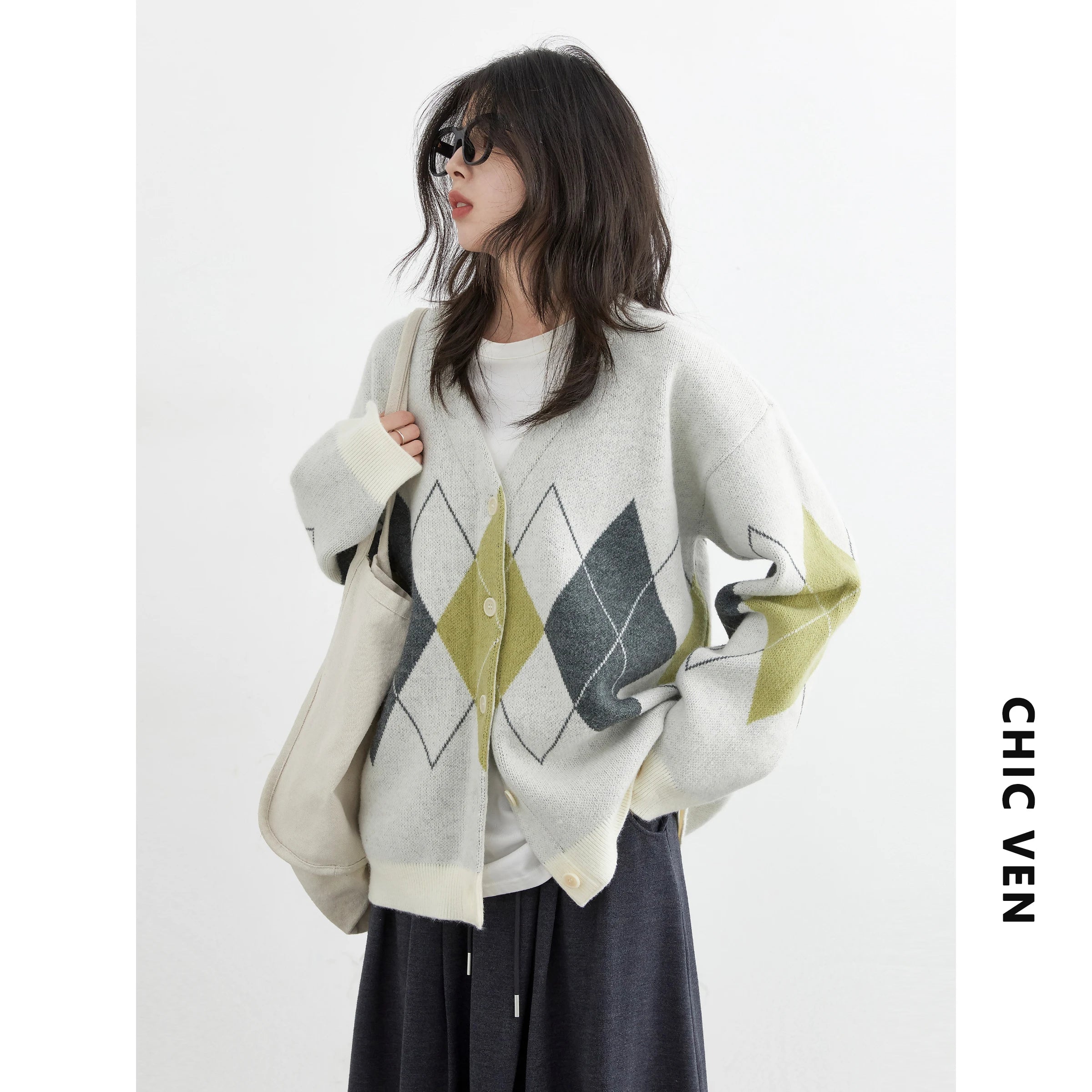 CHIC VEN Women Sweaters Loose Casual Retro Diamond Grid Jacquard Knitted Ladies Cardigan V-neck Jumpers Autumn Winter 2025