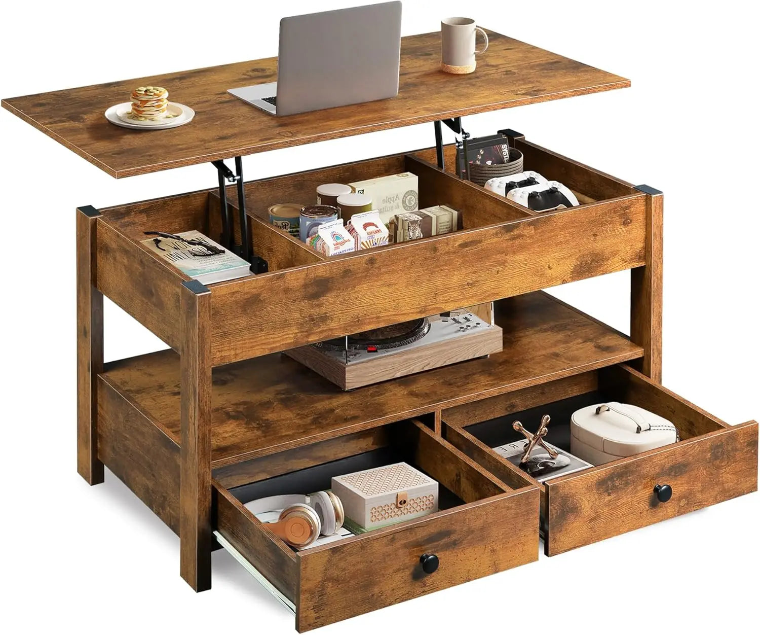 WLIVE Black Lift Top Coffee Table with 2 Drawers LED Light - Large Storage Open Shelf for Living Room Modern Home Furniture