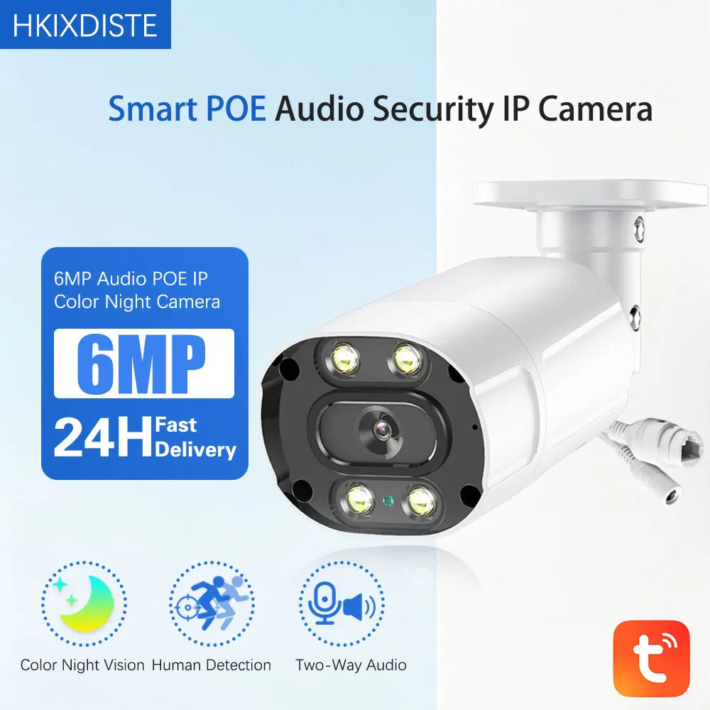 Smart 6MP Two-Way Audio IP Security Surveillance Camera POE H.265 Outdoor Waterproof IP66 CCTV Camera P2P Home For POE NVR TUYA
