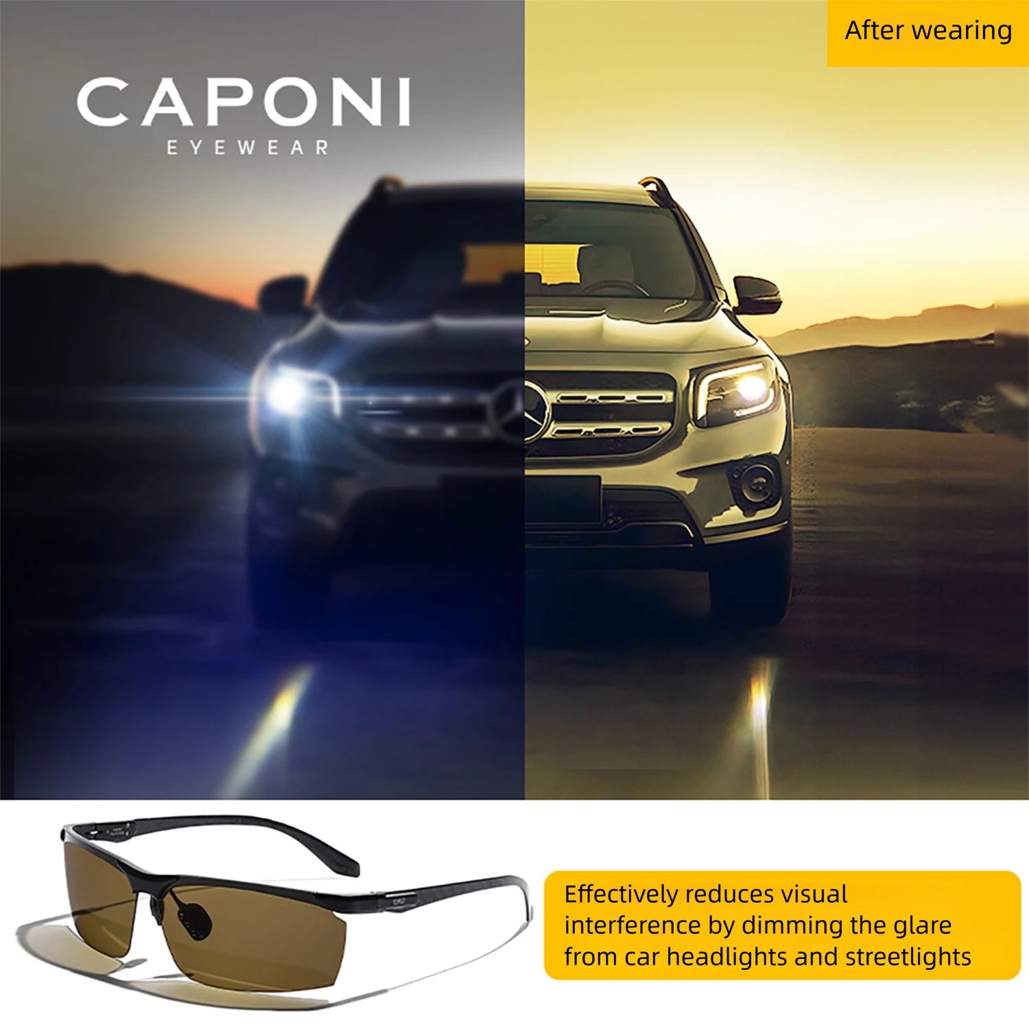 CAPONI Night Vision Men Sunglasses Carbon Firber Driving Sports Photochromic UV400 HD Sun Glasses Protect Yellow Shades BSYS8780