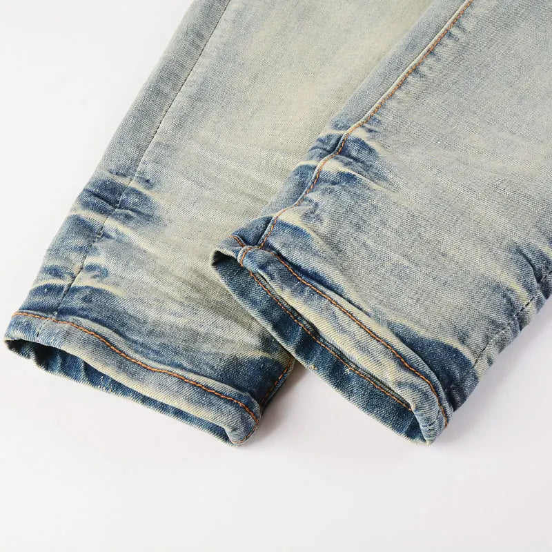Designer High Street Fashion New Light Blue Men's Jeans Stretch Slimming White Leather Patch Hip Hop Brand Pants HombreY2K