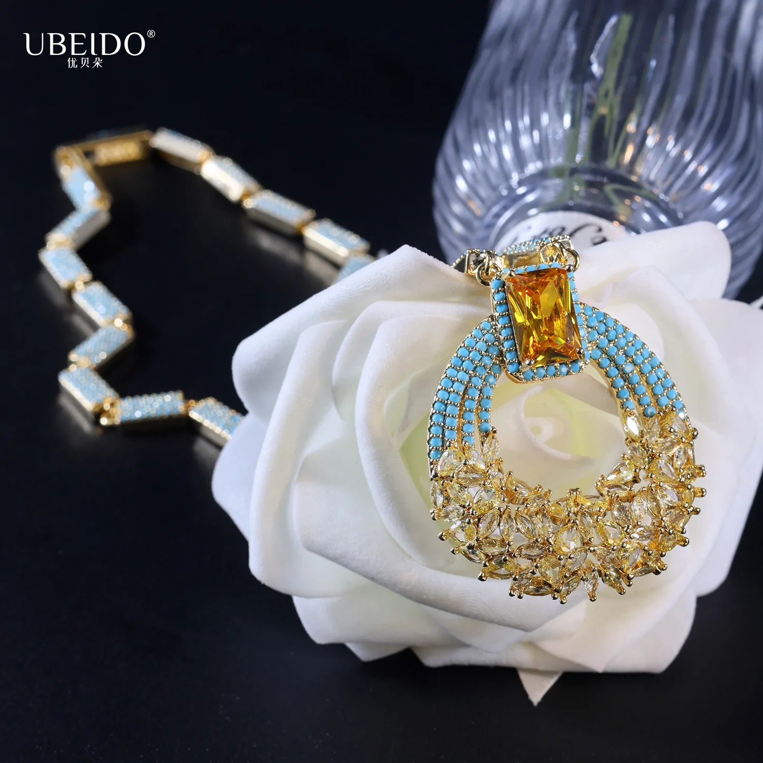 Saudi Arabia Wealthy Style Middle Eastern Bridal Jewelry Set Necklace Earrings with Diamond Zircon Dress