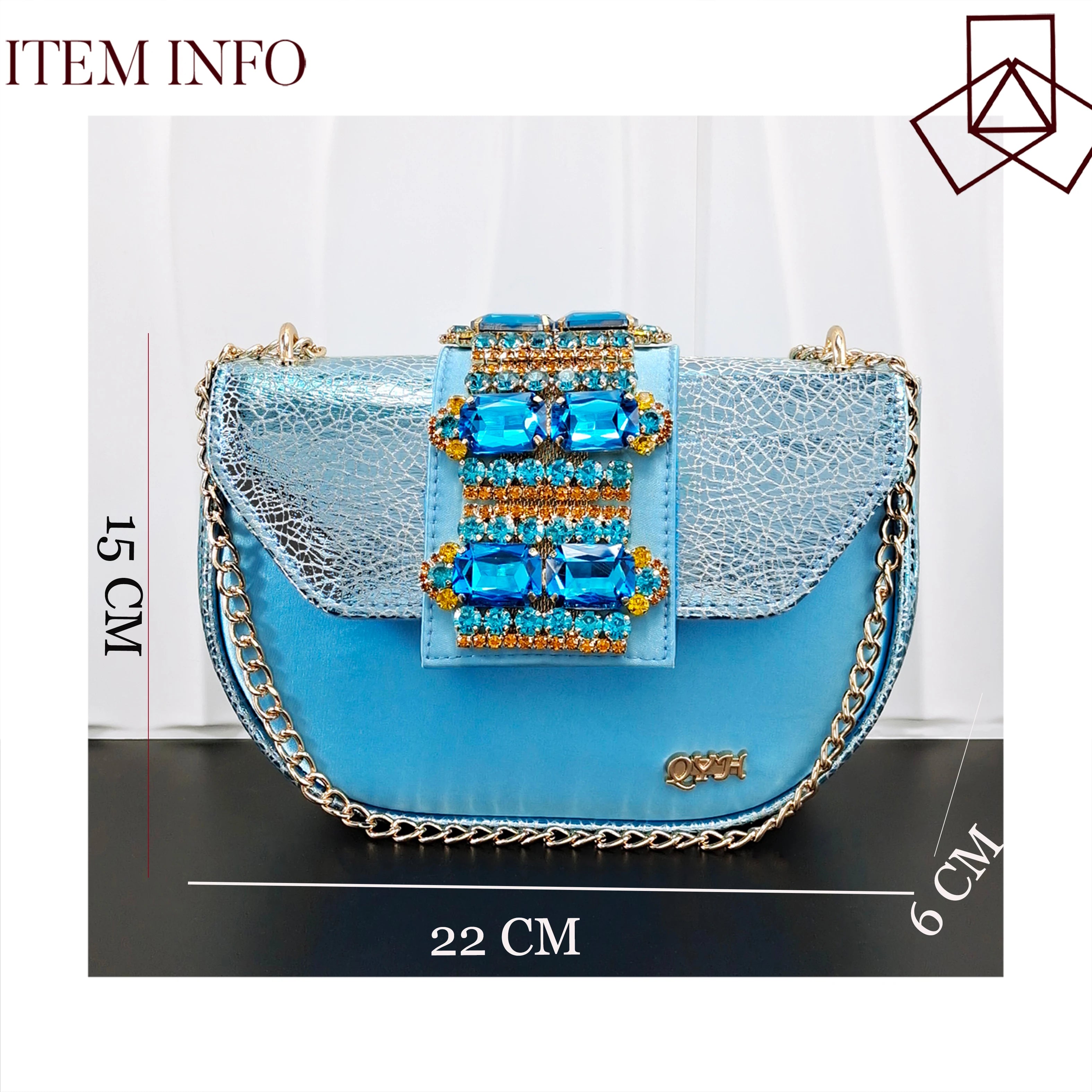 QueenaYan Italian Design Fashion Mature Style Rhinestone Peep Toe Party Women's High Heels with Diamond Oval Bag for Sky Blue