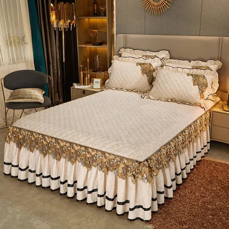 Plush Winter Warm Bedspread on The Bed Thickened Bed Skirt-style Embroidery Cotton Quilt Bedding Cover Pillowcases
