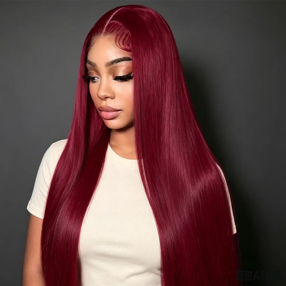 28 Inch 99J Burgundy Bone Straight Human Hair Wigs 13x4 HD Lace Front Pre Plucked with Baby Hair Body Wave Deep Curly Human Hair Wigs