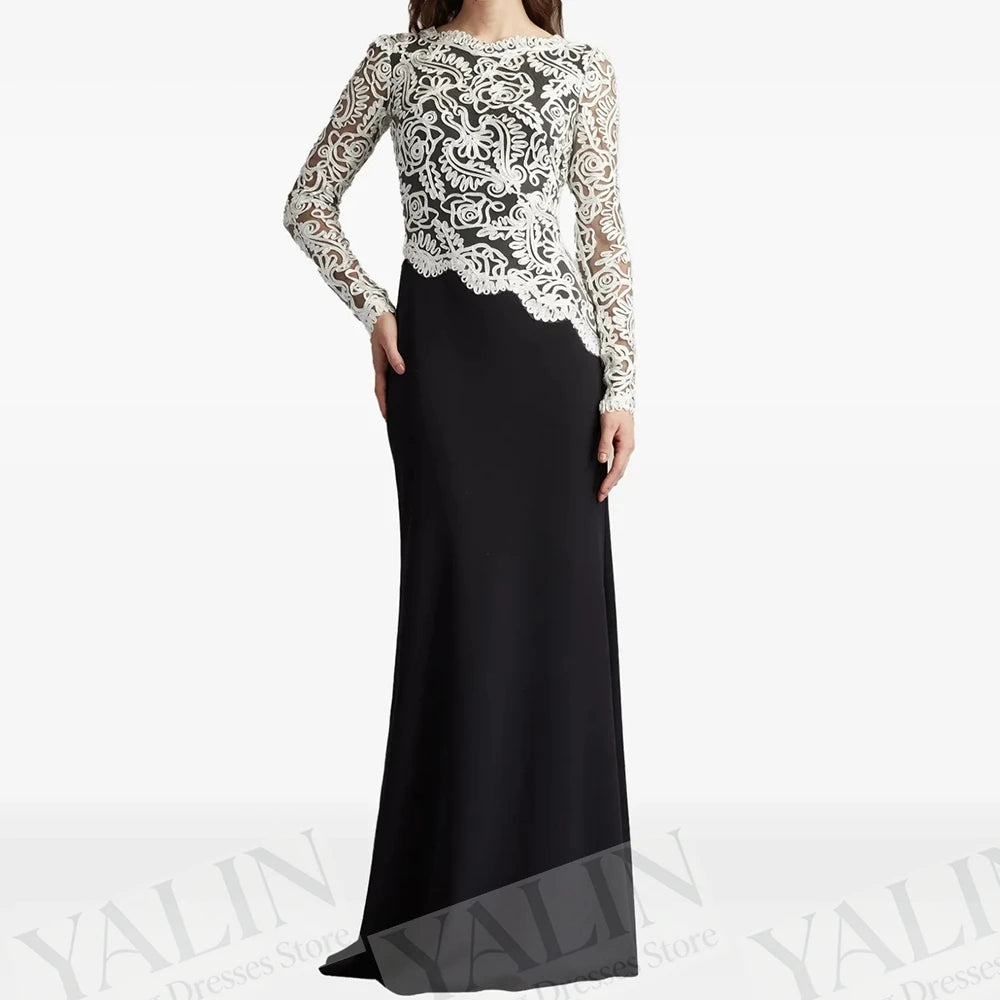 Women's A-line Evening Dresses Floor-length Scoop-neck Full Sleeve Prom Gown Fashion Lace Simple Draped Casual Customized Gowns